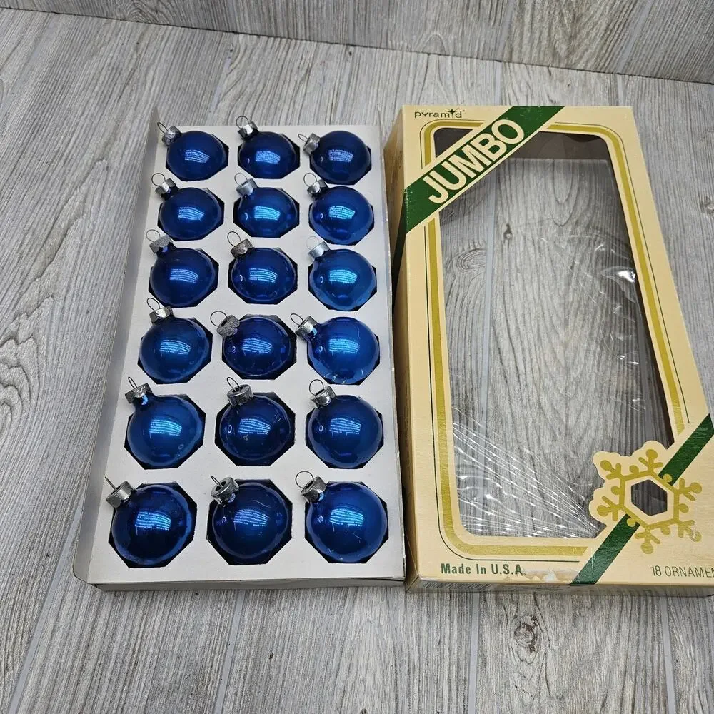 Vintage Pyramid Jumbo Blue‎ Glass Christmas Ornaments Set 18 USA Box Tree Decor